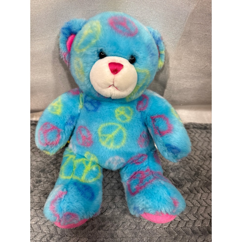Build-A-Bear Workshop Peace Sign Teddy Bear‎ Blue Pink Yellow Groovy Plush 16in